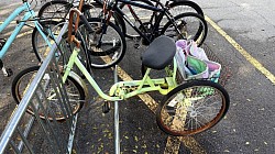 Bike #15 - 3 wheels Light Green, rusted with flat tires (South rack)